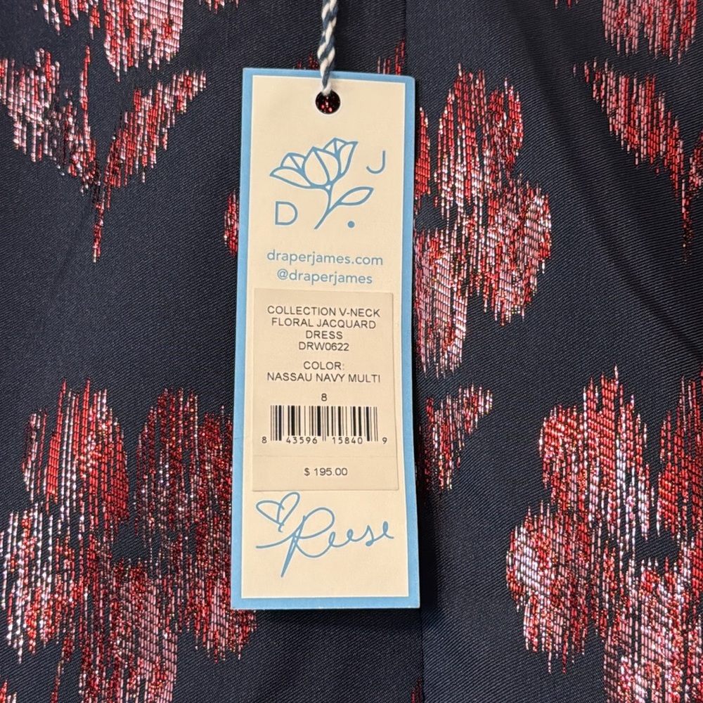 NWT Draper James Floral Jacquard Midi Dress Size 8 Fit Flare Navy Pink Metallic - Picture 7 of 13